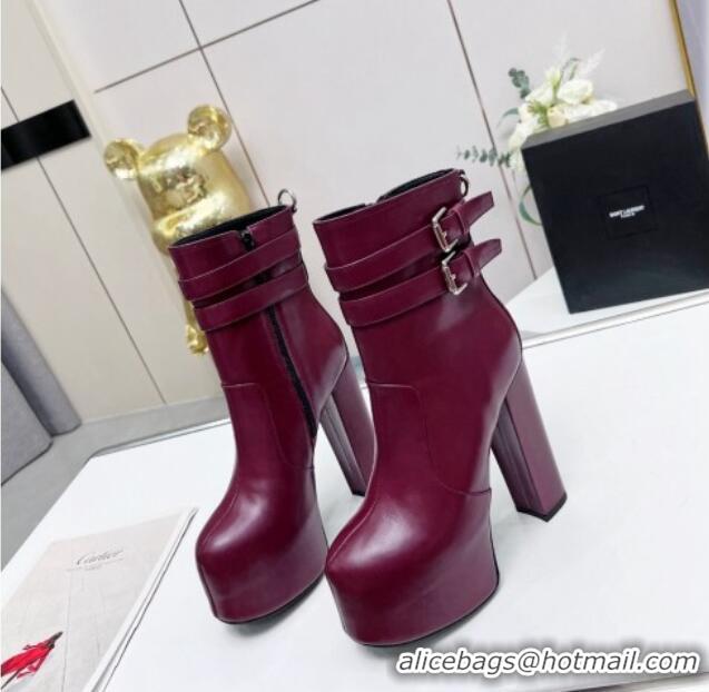 Durable Saint Laurent Cherry Straps Buckle Platform Booties in Smooth Calfskin Burgundy 0825064