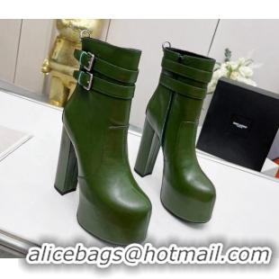 Cheap Price Saint Laurent Cherry Straps Buckle Platform Booties in Smooth Calfskin Green 0825066