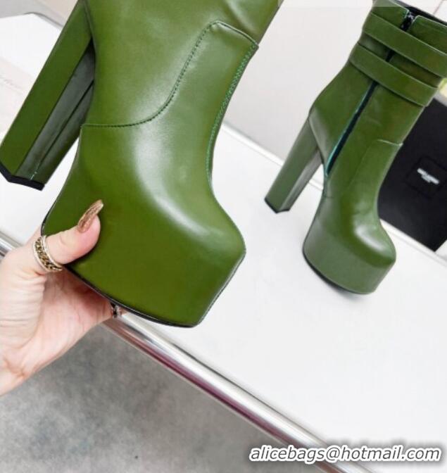 Cheap Price Saint Laurent Cherry Straps Buckle Platform Booties in Smooth Calfskin Green 0825066