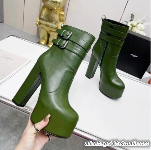 Cheap Price Saint Laurent Cherry Straps Buckle Platform Booties in Smooth Calfskin Green 0825066