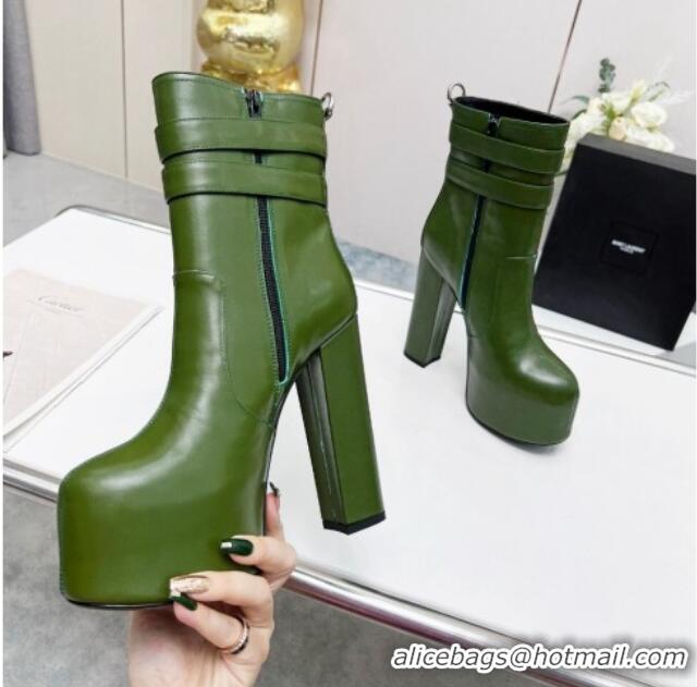 Cheap Price Saint Laurent Cherry Straps Buckle Platform Booties in Smooth Calfskin Green 0825066