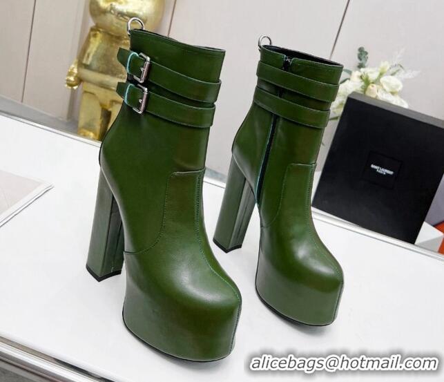 Cheap Price Saint Laurent Cherry Straps Buckle Platform Booties in Smooth Calfskin Green 0825066