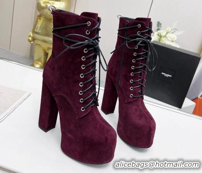 Purchase Saint Laurent Cherry Lace-up Platform Booties in Suede Burgundy 0825067