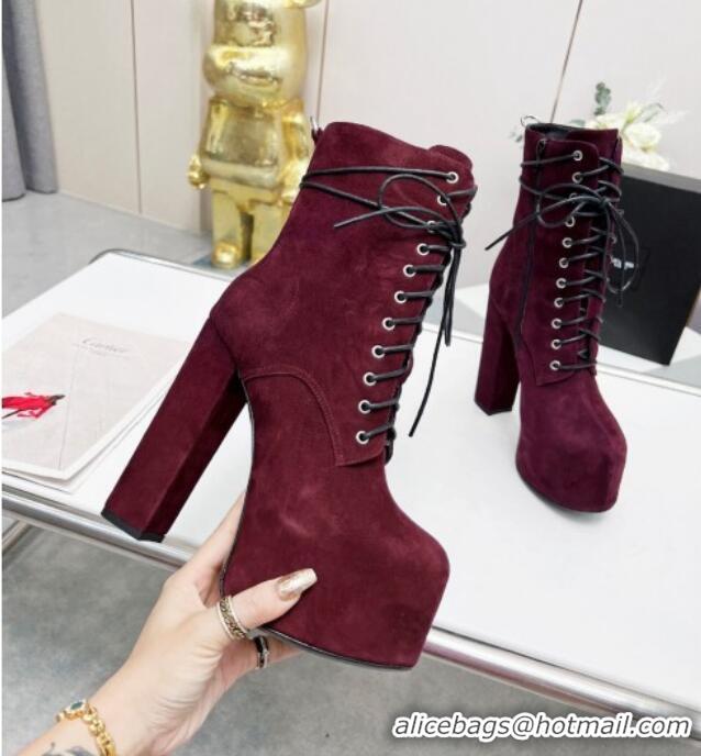 Purchase Saint Laurent Cherry Lace-up Platform Booties in Suede Burgundy 0825067