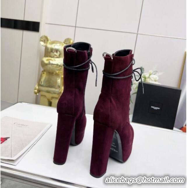 Purchase Saint Laurent Cherry Lace-up Platform Booties in Suede Burgundy 0825067