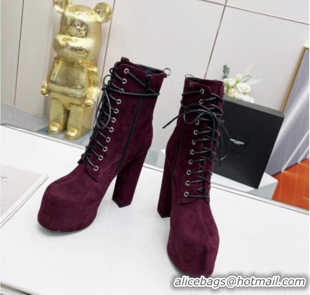 Purchase Saint Laurent Cherry Lace-up Platform Booties in Suede Burgundy 0825067