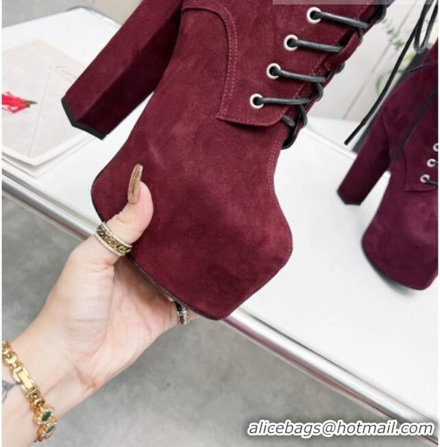 Purchase Saint Laurent Cherry Lace-up Platform Booties in Suede Burgundy 0825067