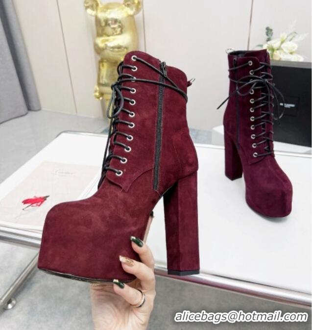 Purchase Saint Laurent Cherry Lace-up Platform Booties in Suede Burgundy 0825067