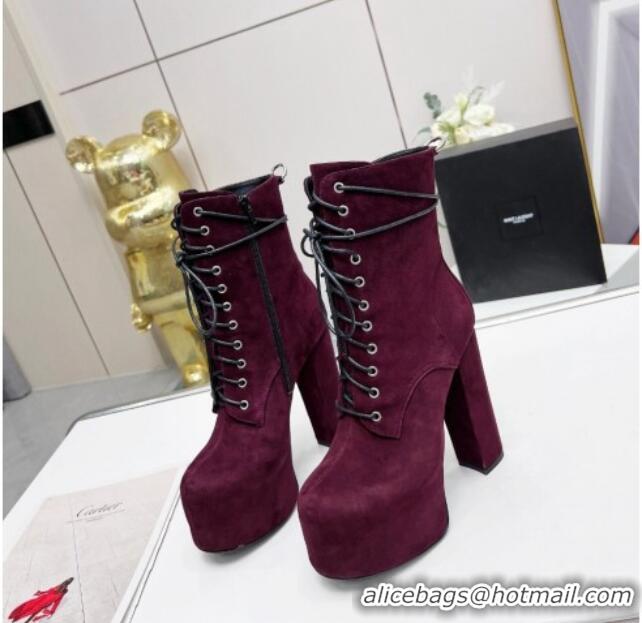 Purchase Saint Laurent Cherry Lace-up Platform Booties in Suede Burgundy 0825067