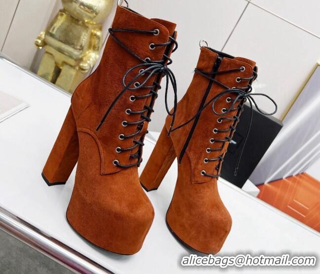 Perfect Saint Laurent Cherry Lace-up Platform Booties in Suede Brown 0825068