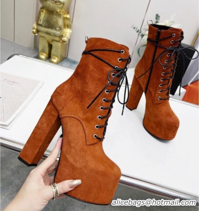 Perfect Saint Laurent Cherry Lace-up Platform Booties in Suede Brown 0825068