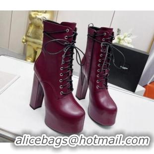 Low Cost Saint Laurent Cherry Lace-up Platform Booties in Smooth Calfskin Burgundy 0825069