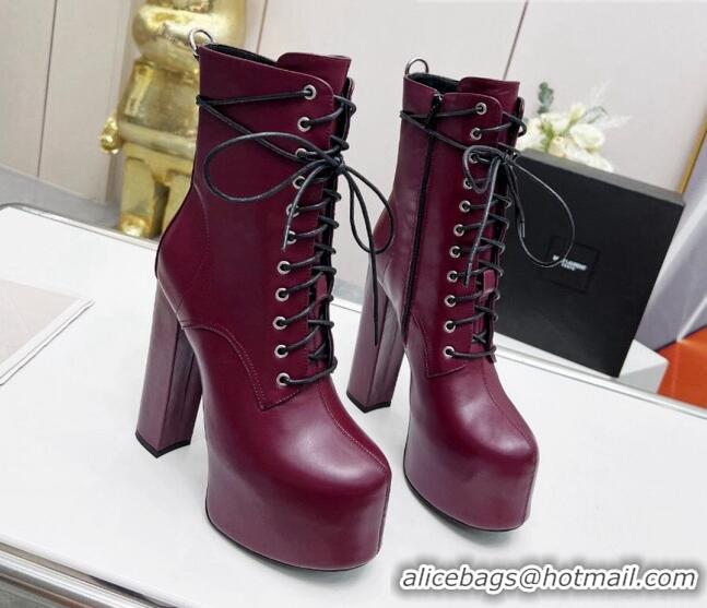 Low Cost Saint Laurent Cherry Lace-up Platform Booties in Smooth Calfskin Burgundy 0825069