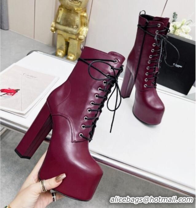 Low Cost Saint Laurent Cherry Lace-up Platform Booties in Smooth Calfskin Burgundy 0825069