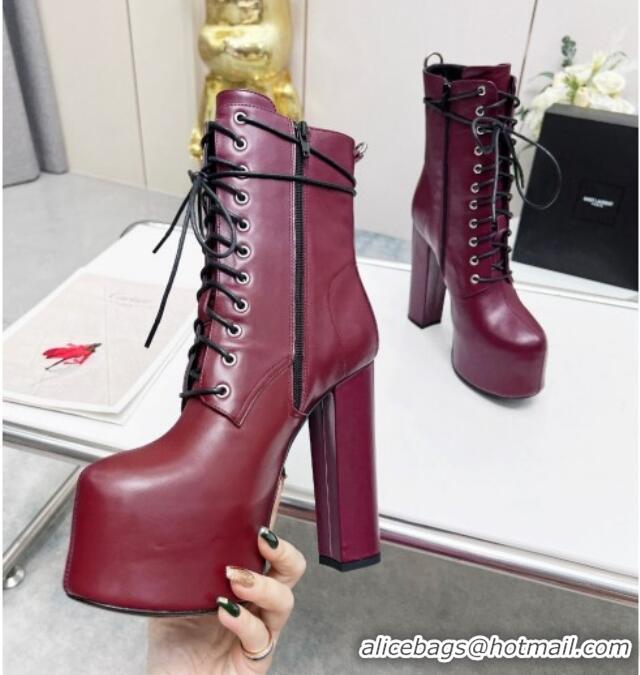 Low Cost Saint Laurent Cherry Lace-up Platform Booties in Smooth Calfskin Burgundy 0825069