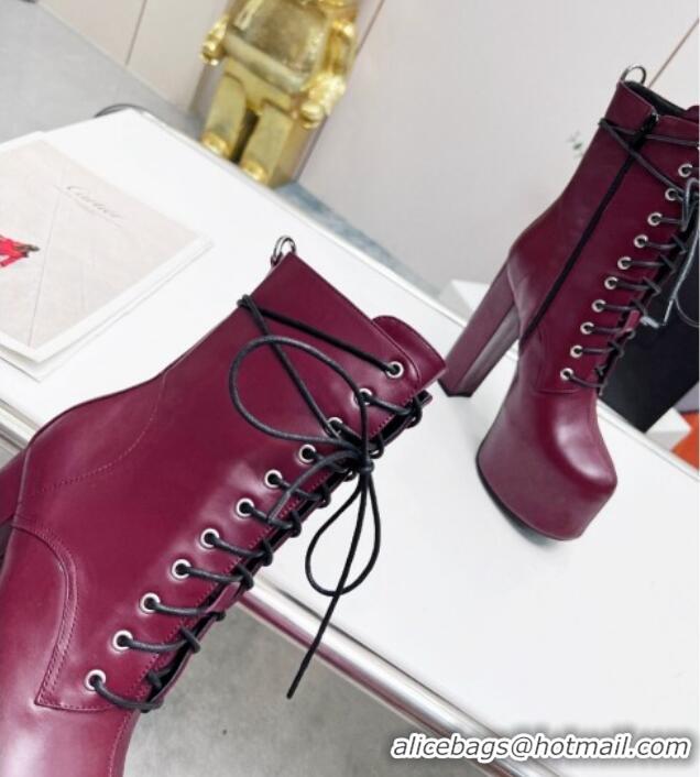 Low Cost Saint Laurent Cherry Lace-up Platform Booties in Smooth Calfskin Burgundy 0825069