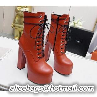 Sumptuous Saint Laurent Cherry Lace-up Platform Booties in Smooth Calfskin Brown 0825070