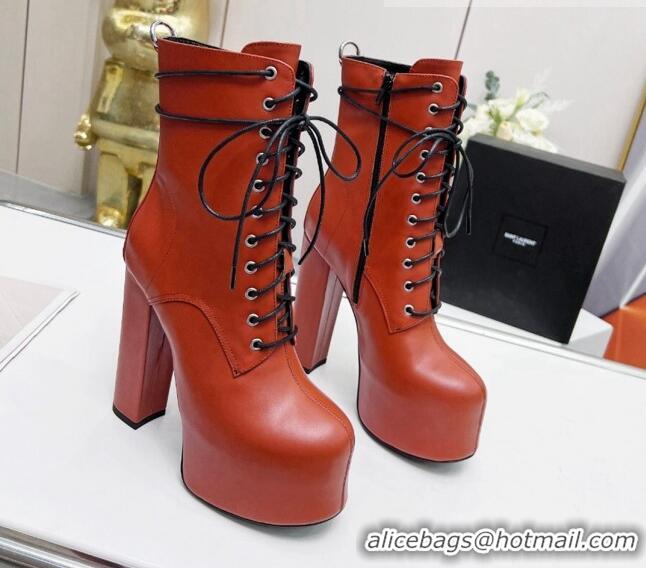 Sumptuous Saint Laurent Cherry Lace-up Platform Booties in Smooth Calfskin Brown 0825070