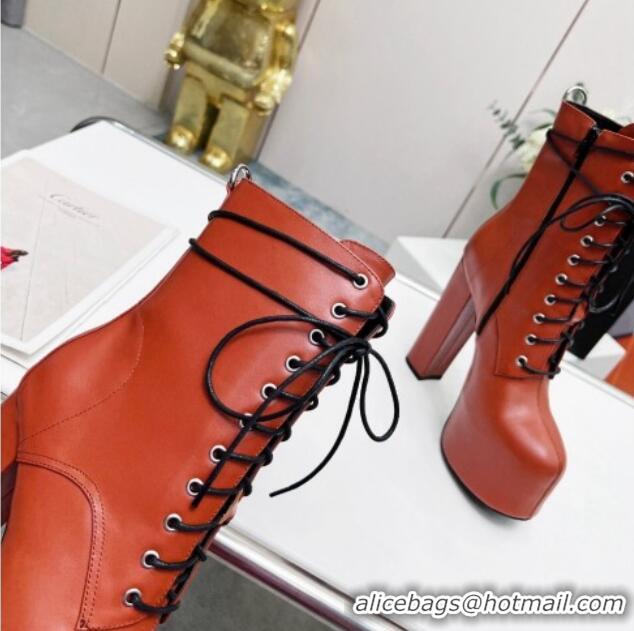 Sumptuous Saint Laurent Cherry Lace-up Platform Booties in Smooth Calfskin Brown 0825070