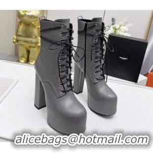 Best Product Saint Laurent Cherry Lace-up Platform Booties in Smooth Calfskin Grey 0825071