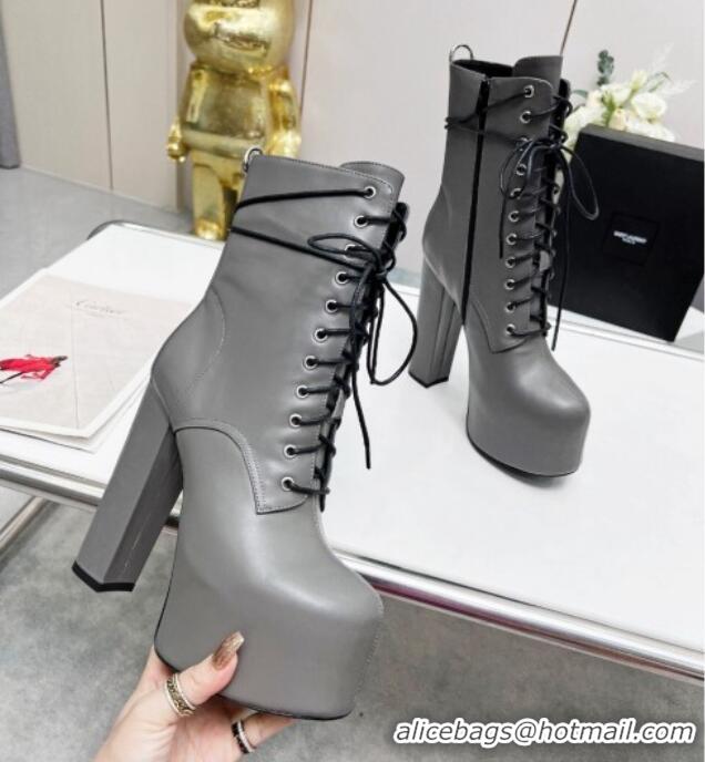 Best Product Saint Laurent Cherry Lace-up Platform Booties in Smooth Calfskin Grey 0825071