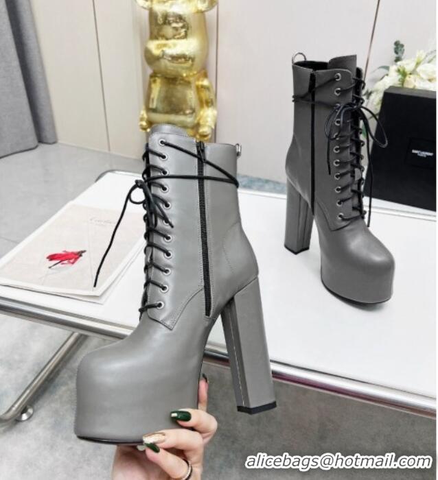 Best Product Saint Laurent Cherry Lace-up Platform Booties in Smooth Calfskin Grey 0825071