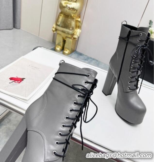 Best Product Saint Laurent Cherry Lace-up Platform Booties in Smooth Calfskin Grey 0825071