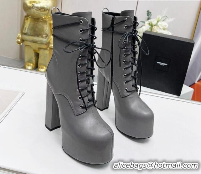 Best Product Saint Laurent Cherry Lace-up Platform Booties in Smooth Calfskin Grey 0825071