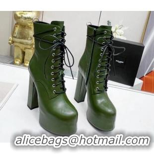 Grade Quality Saint Laurent Cherry Lace-up Platform Booties in Smooth Calfskin Green 0825072