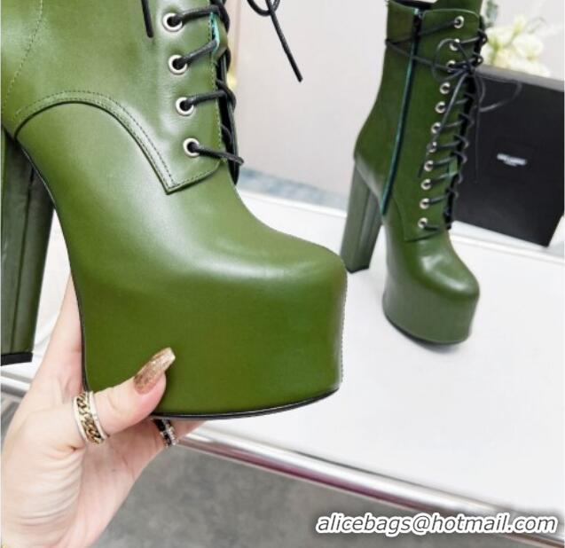 Grade Quality Saint Laurent Cherry Lace-up Platform Booties in Smooth Calfskin Green 0825072