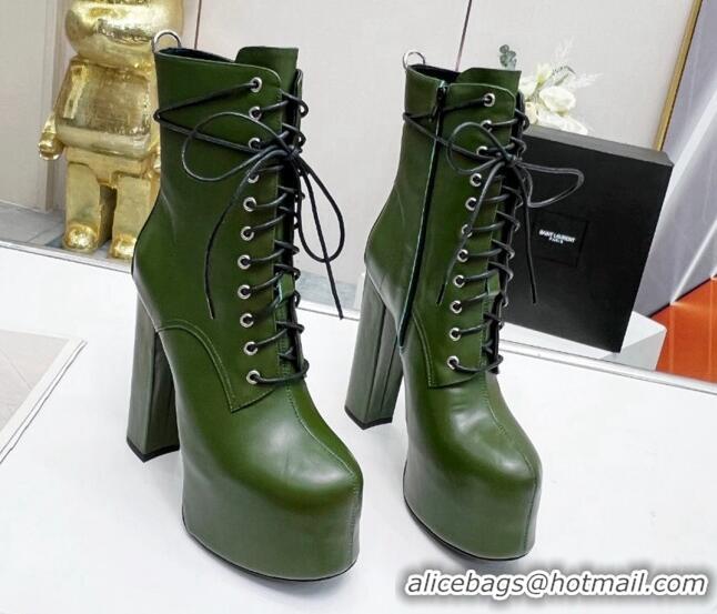 Grade Quality Saint Laurent Cherry Lace-up Platform Booties in Smooth Calfskin Green 0825072