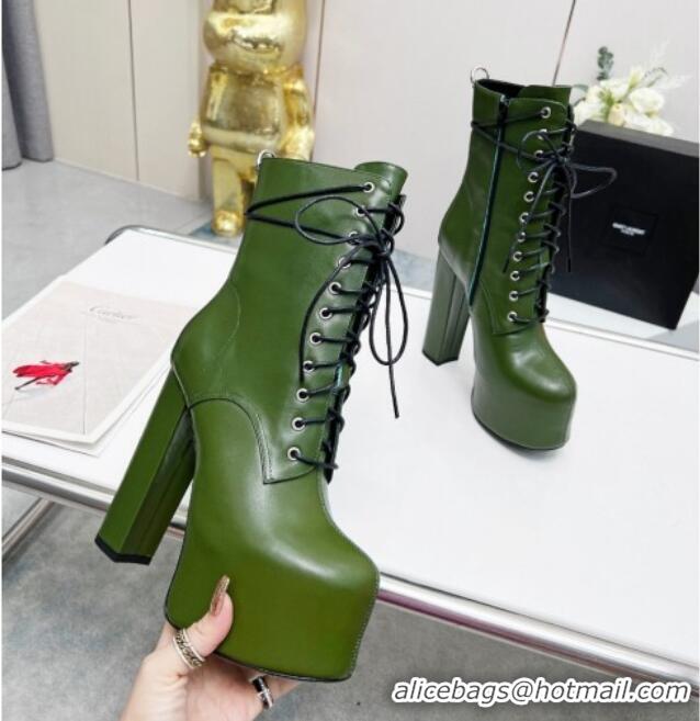 Grade Quality Saint Laurent Cherry Lace-up Platform Booties in Smooth Calfskin Green 0825072