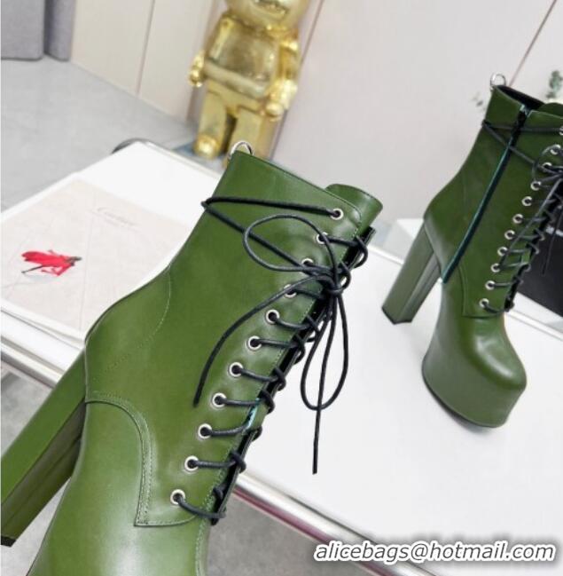 Grade Quality Saint Laurent Cherry Lace-up Platform Booties in Smooth Calfskin Green 0825072