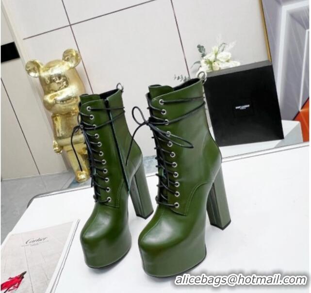 Grade Quality Saint Laurent Cherry Lace-up Platform Booties in Smooth Calfskin Green 0825072