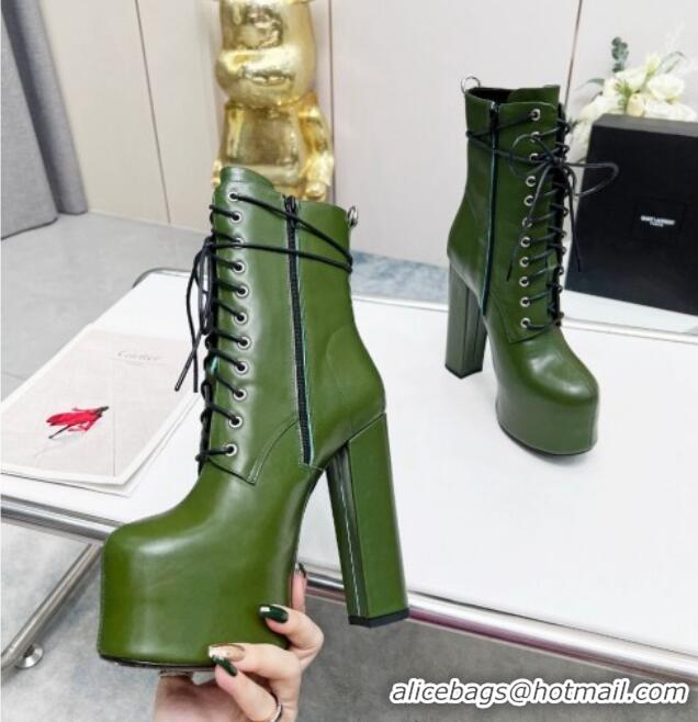 Grade Quality Saint Laurent Cherry Lace-up Platform Booties in Smooth Calfskin Green 0825072