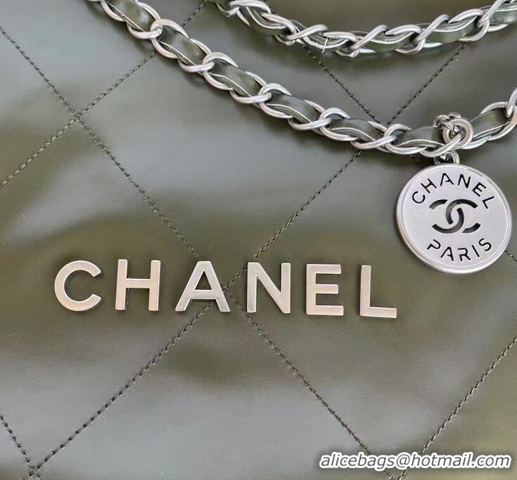 Top Grade Chanel 22 Calf Leather Shopping bag AS326 Dark Green/Silver