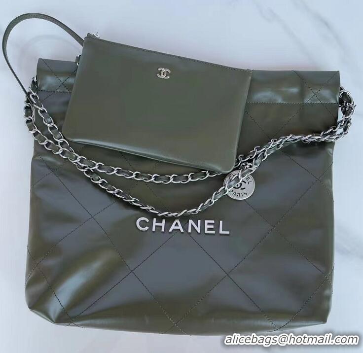 Top Grade Chanel 22 Calf Leather Shopping bag AS326 Dark Green/Silver