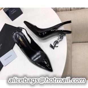 Stylish Saint Laurent Patent Leather Slingback Pumps 11cm All Black 0909134