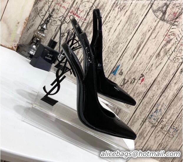 Stylish Saint Laurent Patent Leather Slingback Pumps 11cm All Black 0909134