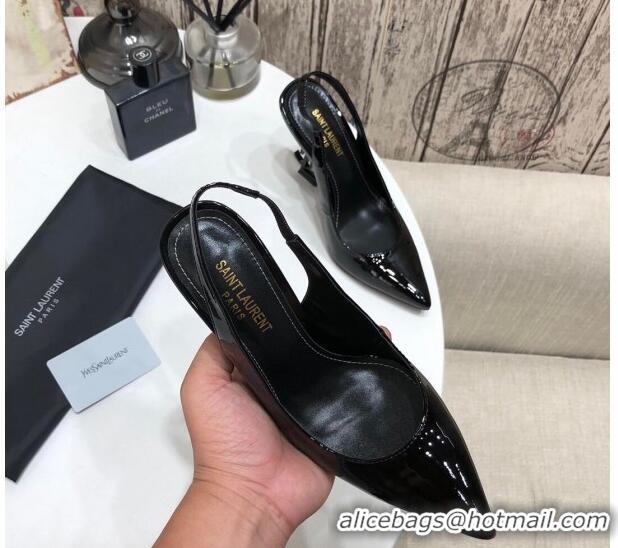 Stylish Saint Laurent Patent Leather Slingback Pumps 11cm All Black 0909134