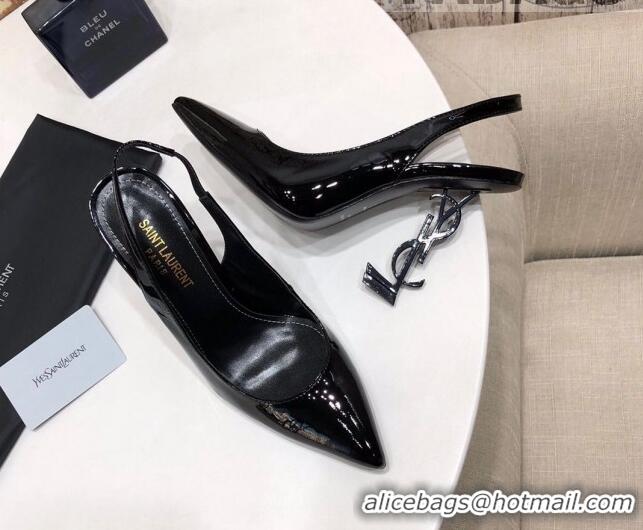 Stylish Saint Laurent Patent Leather Slingback Pumps 11cm All Black 0909134