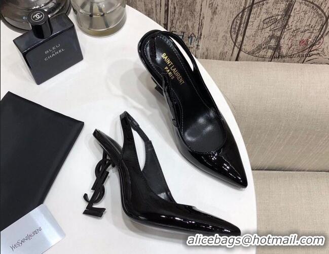 Stylish Saint Laurent Patent Leather Slingback Pumps 11cm All Black 0909134