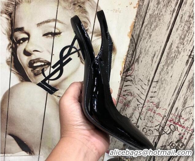 Stylish Saint Laurent Patent Leather Slingback Pumps 11cm All Black 0909134