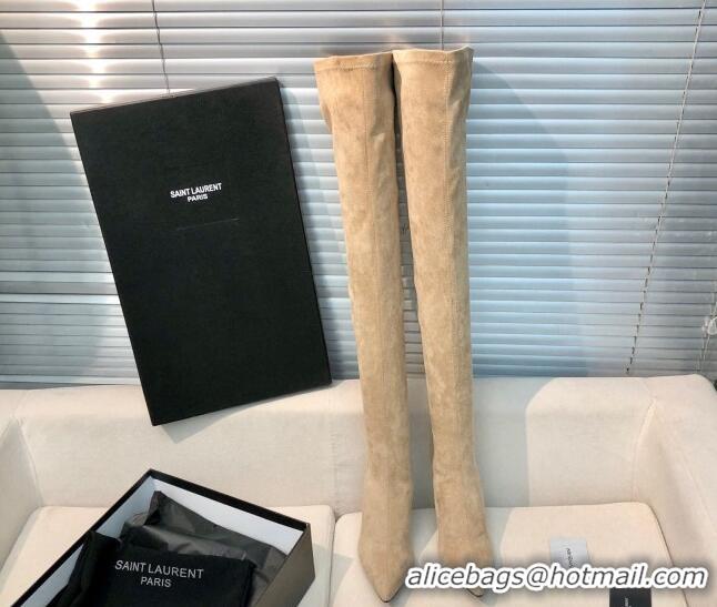 Grade Quality Saint Laurent Suede Over-Knee High Boots 10cm Khkai 0909129