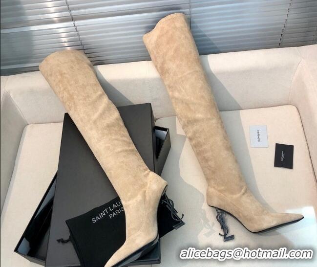 Grade Quality Saint Laurent Suede Over-Knee High Boots 10cm Khkai 0909129