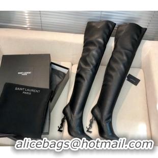 Good Quality Saint Laurent Leather Over-Knee High Boots 10cm Black 909130