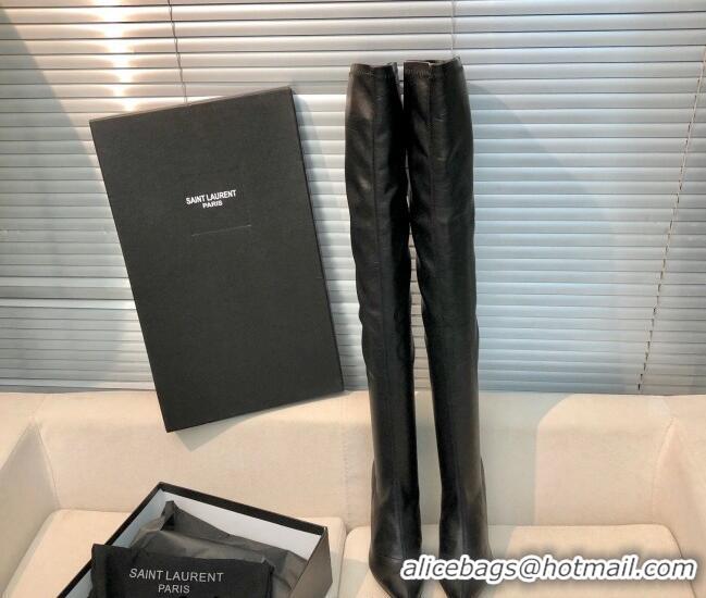 Good Quality Saint Laurent Leather Over-Knee High Boots 10cm Black 909130