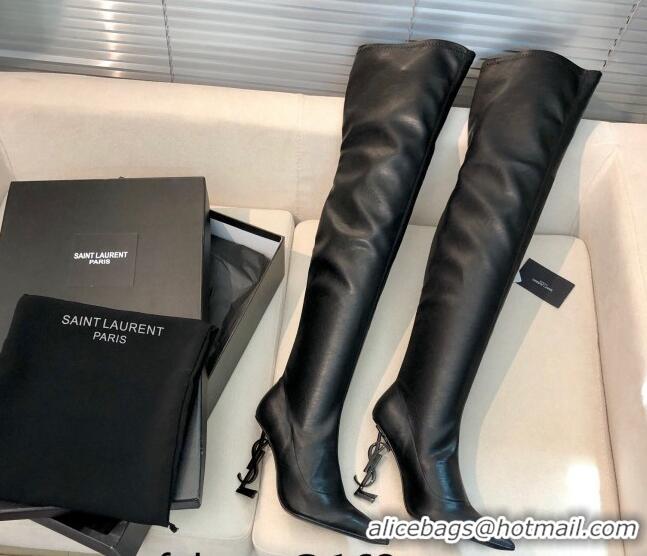 Good Quality Saint Laurent Leather Over-Knee High Boots 10cm Black 909130