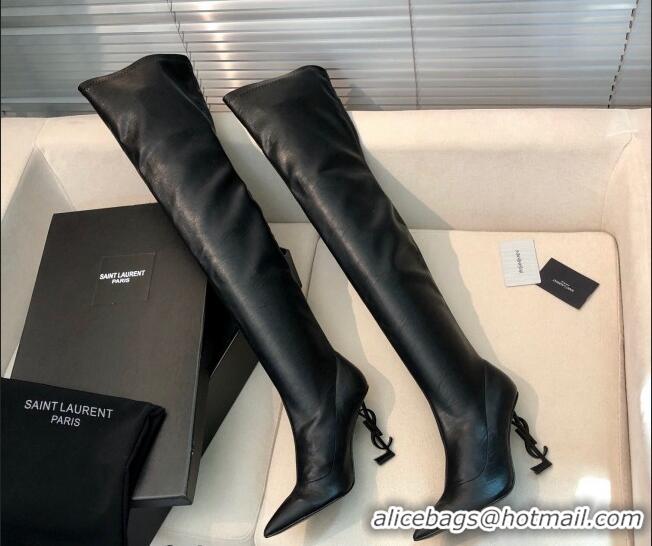 Good Quality Saint Laurent Leather Over-Knee High Boots 10cm Black 909130