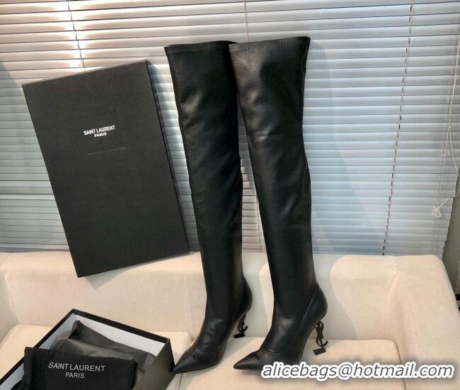 Good Quality Saint Laurent Leather Over-Knee High Boots 10cm Black 909130